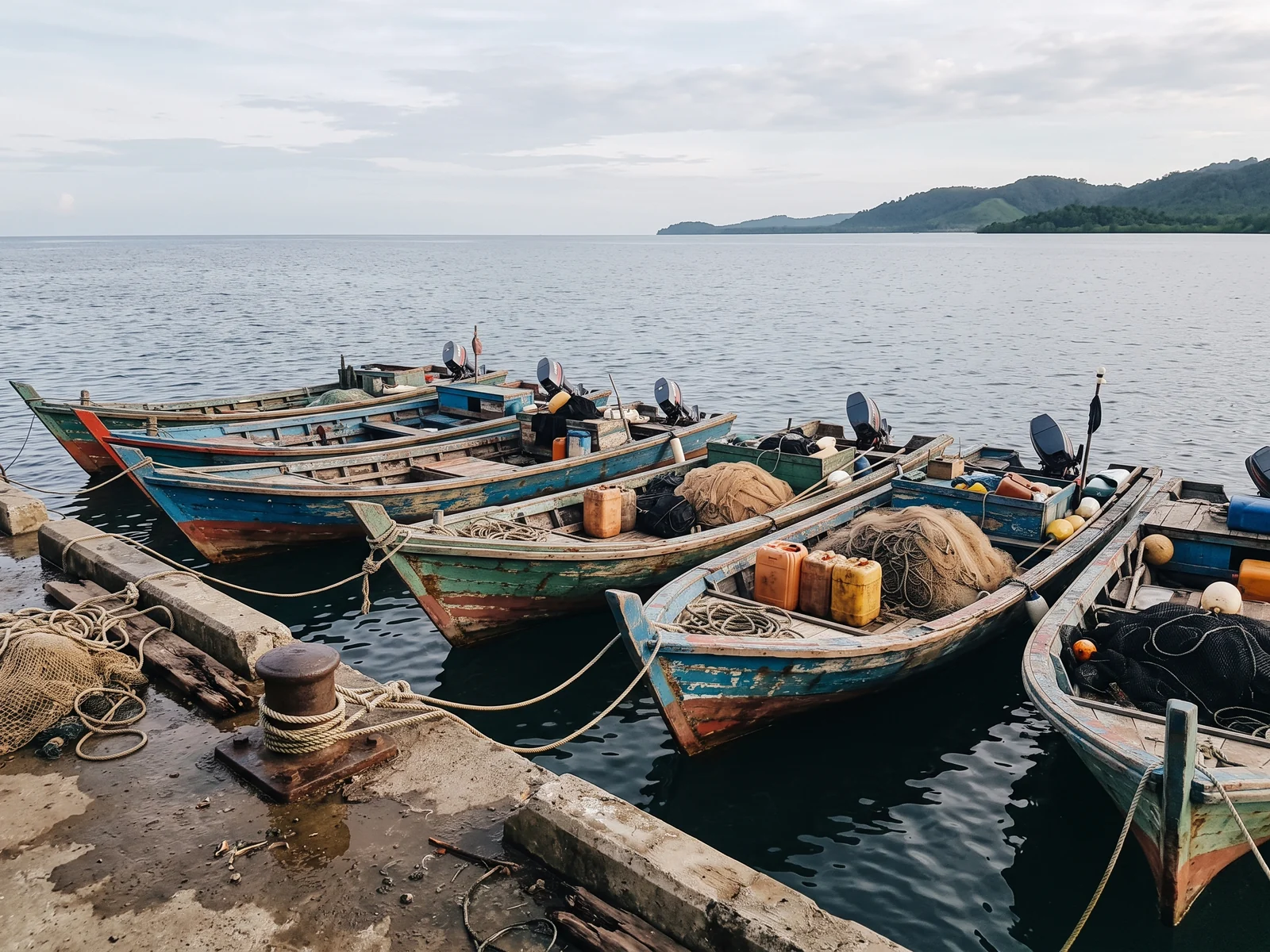Small wooden outboard fishing boats moored along a plain concrete quay, with open sea and a distant headland behind.