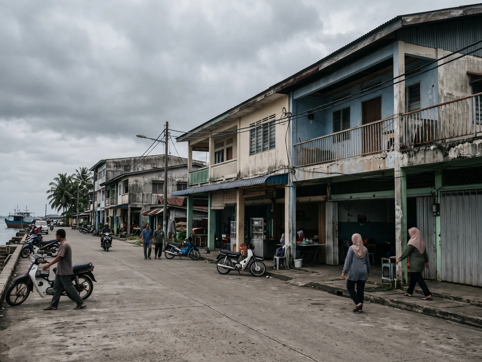 Two-storey concrete shophouses with corrugated roofs and weathered paint along a plain street near the waterfront.