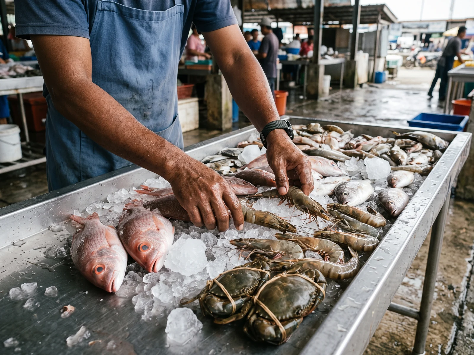 Fresh fish, prawns and crabs laid out on crushed ice at a market stall, a vendor's hands arranging them.