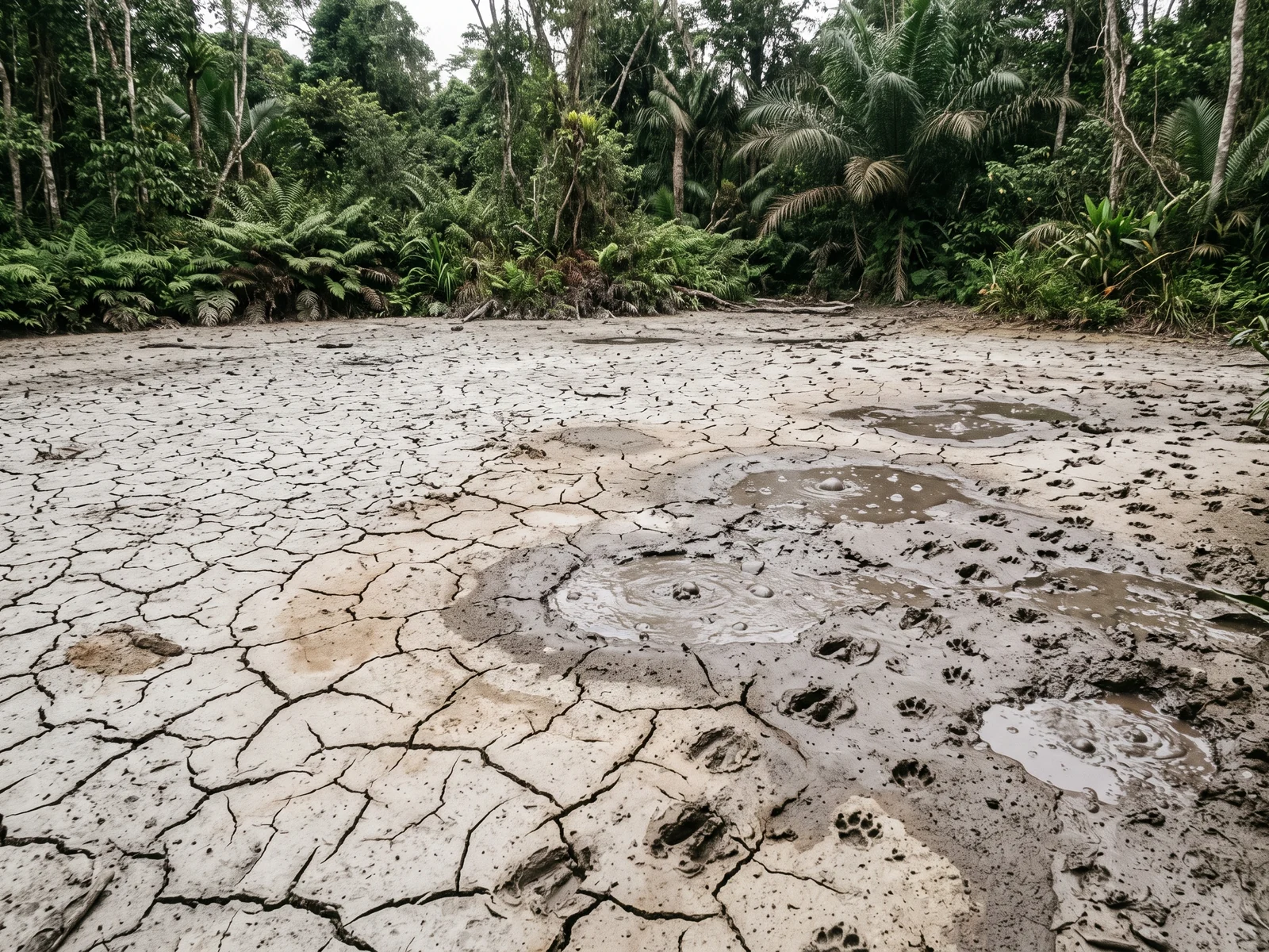 Pale grey and buff cracked mineral mud, small seeps, and hoof and paw prints pressed into the softer edges.