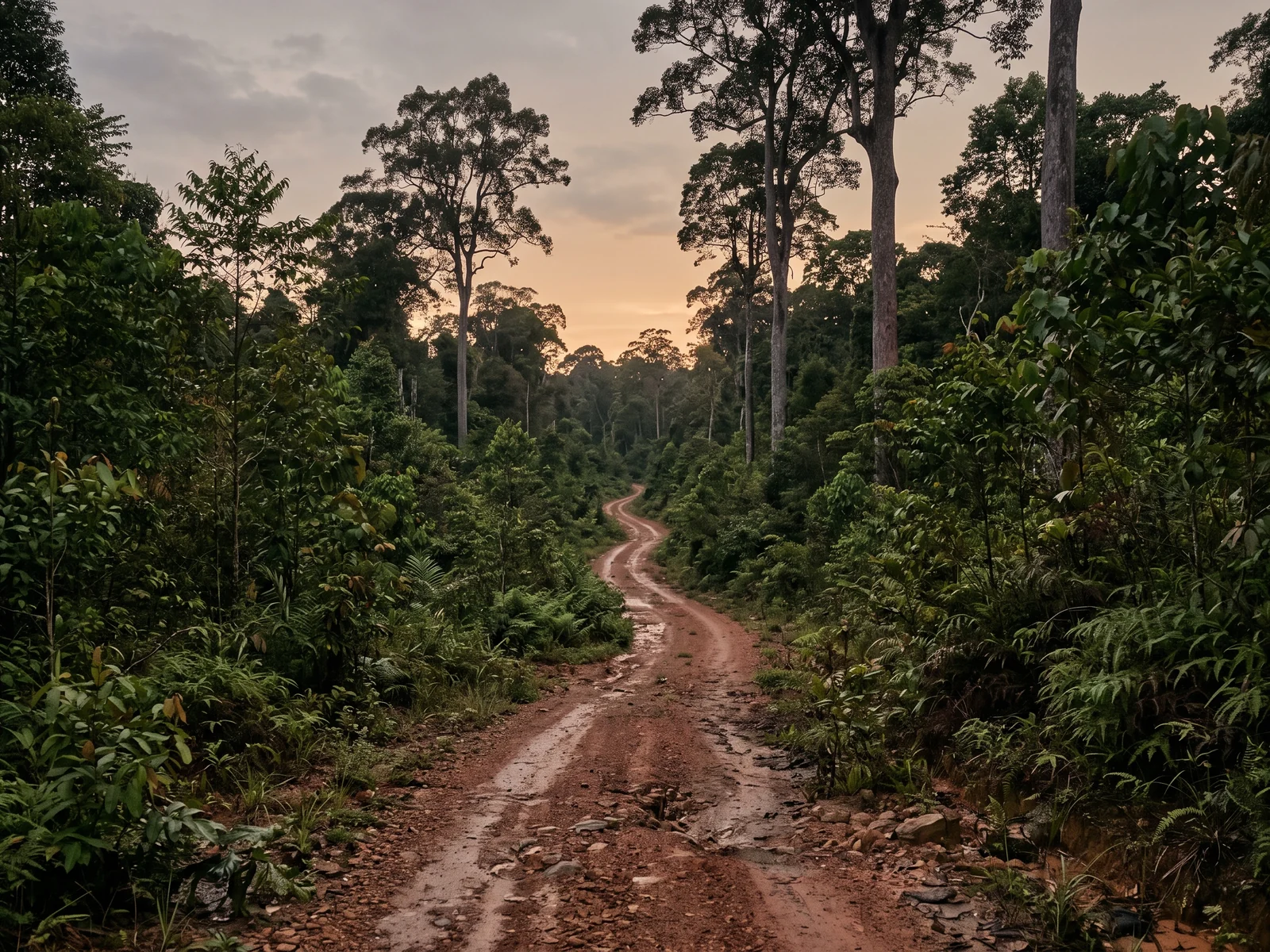 A red-earth track running through regenerating lowland forest at dusk, young growth either side and scattered tall surviving trees.