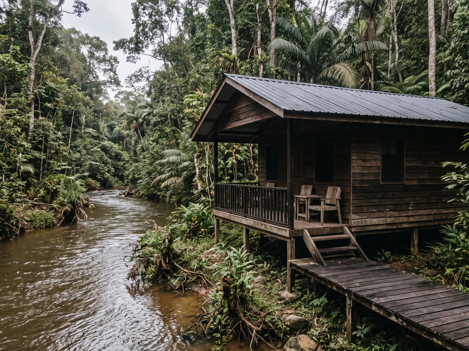 A plain timber chalet on low stilts beside a small forest river, with a covered veranda and steps down to a boardwalk.