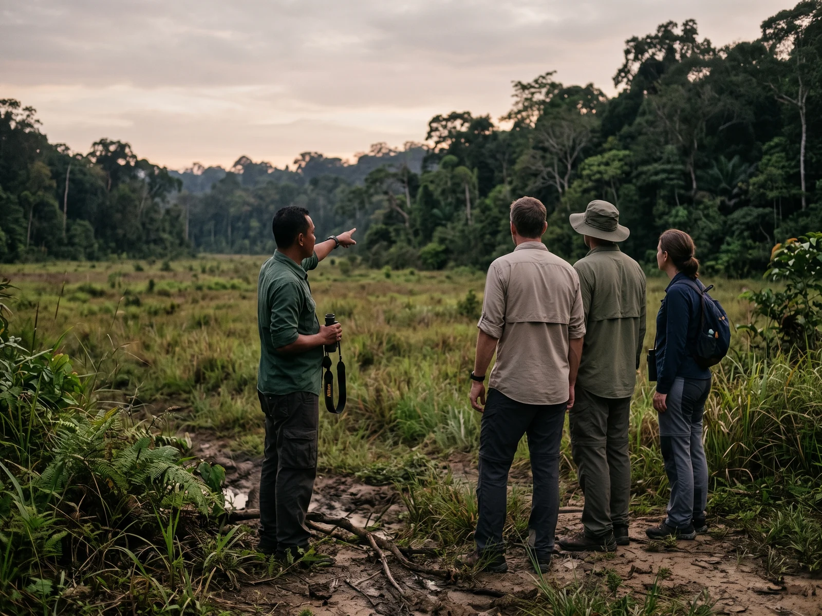 A guide and three guests standing at the edge of a clearing at dusk, looking out across it, seen from behind.
